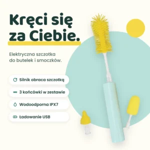 Swirlo – elektryczna szczotka do butelek i smoczków z 3 końcówkami